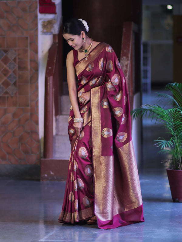 Banarasee Handloom Semi Katan Saree With Zari Buta Work & Border-Burgundy