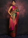 Banarasee Handwoven Broad Border Zari Jaal Design Tissue Saree-Green & Pink