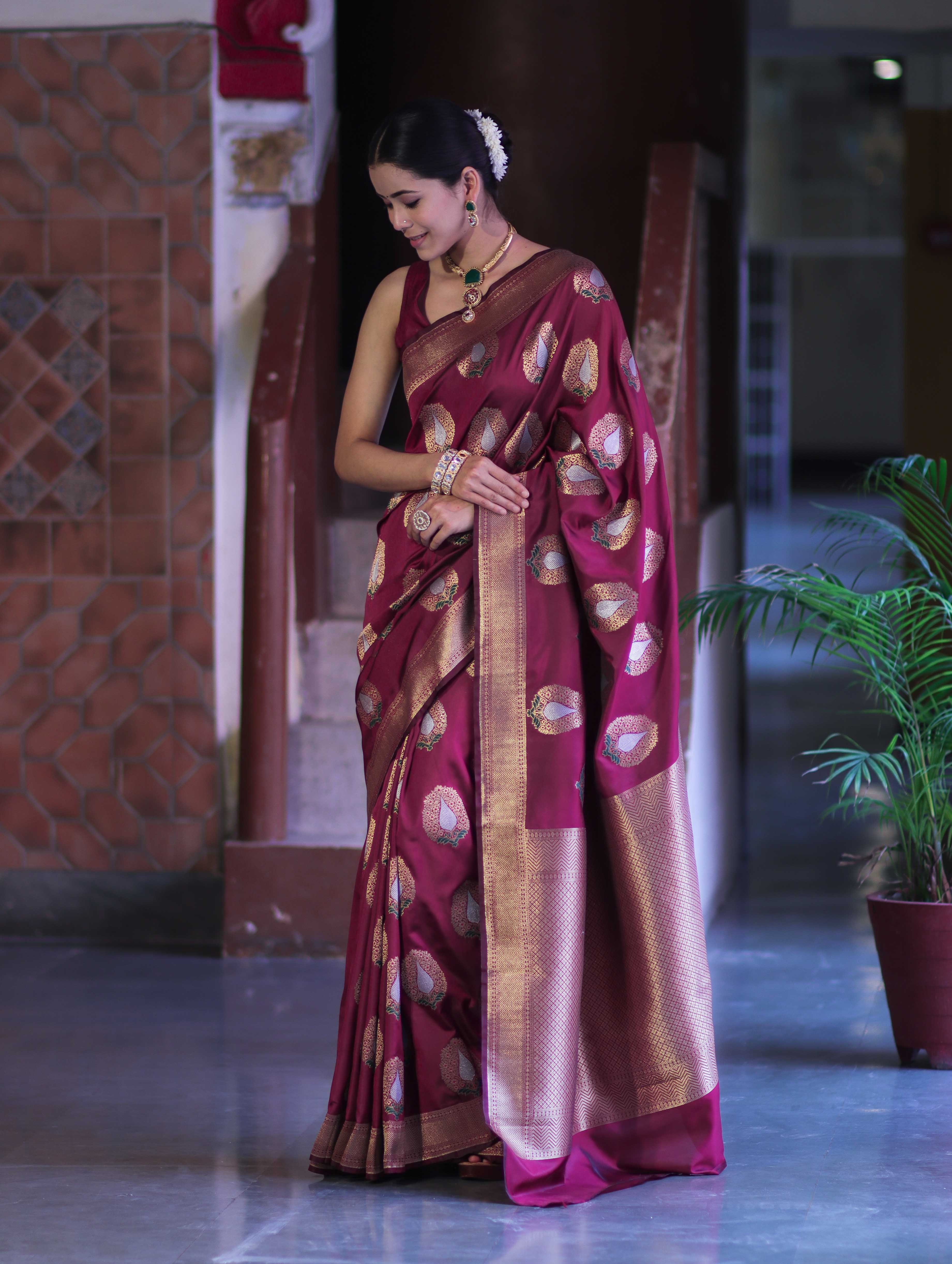 Banarasee Handloom Semi Katan Saree With Zari Buta Work & Border-Burgundy