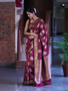Banarasee Handloom Semi Katan Saree With Zari Buta Work & Border-Burgundy
