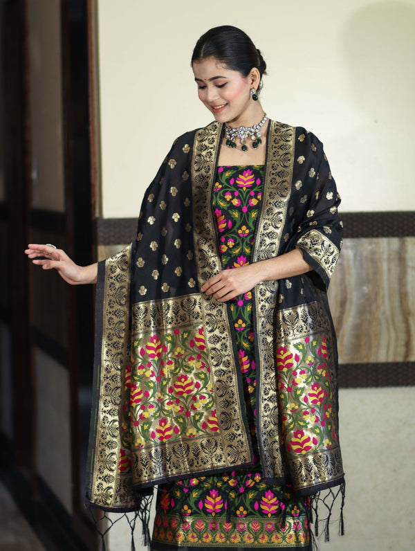 Banarasee Semi-Silk Zari & Resham Work Salwar Kameez Fabric With Dupatta Set-Black