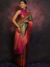Banarasee Handwoven Broad Border Zari Jaal Design Tissue Saree-Green & Pink