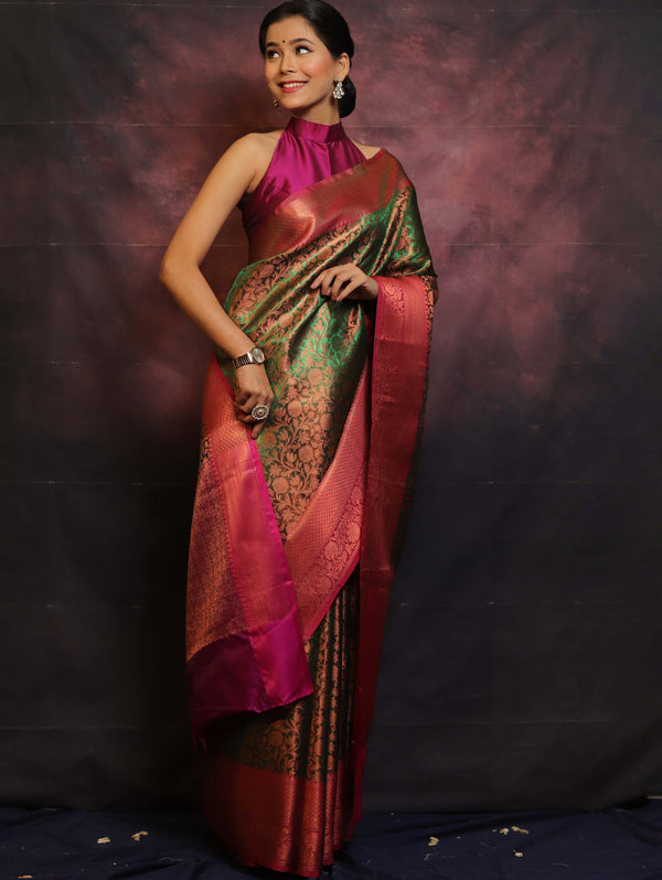 Banarasee Handwoven Broad Border Zari Jaal Design Tissue Saree-Green & Pink