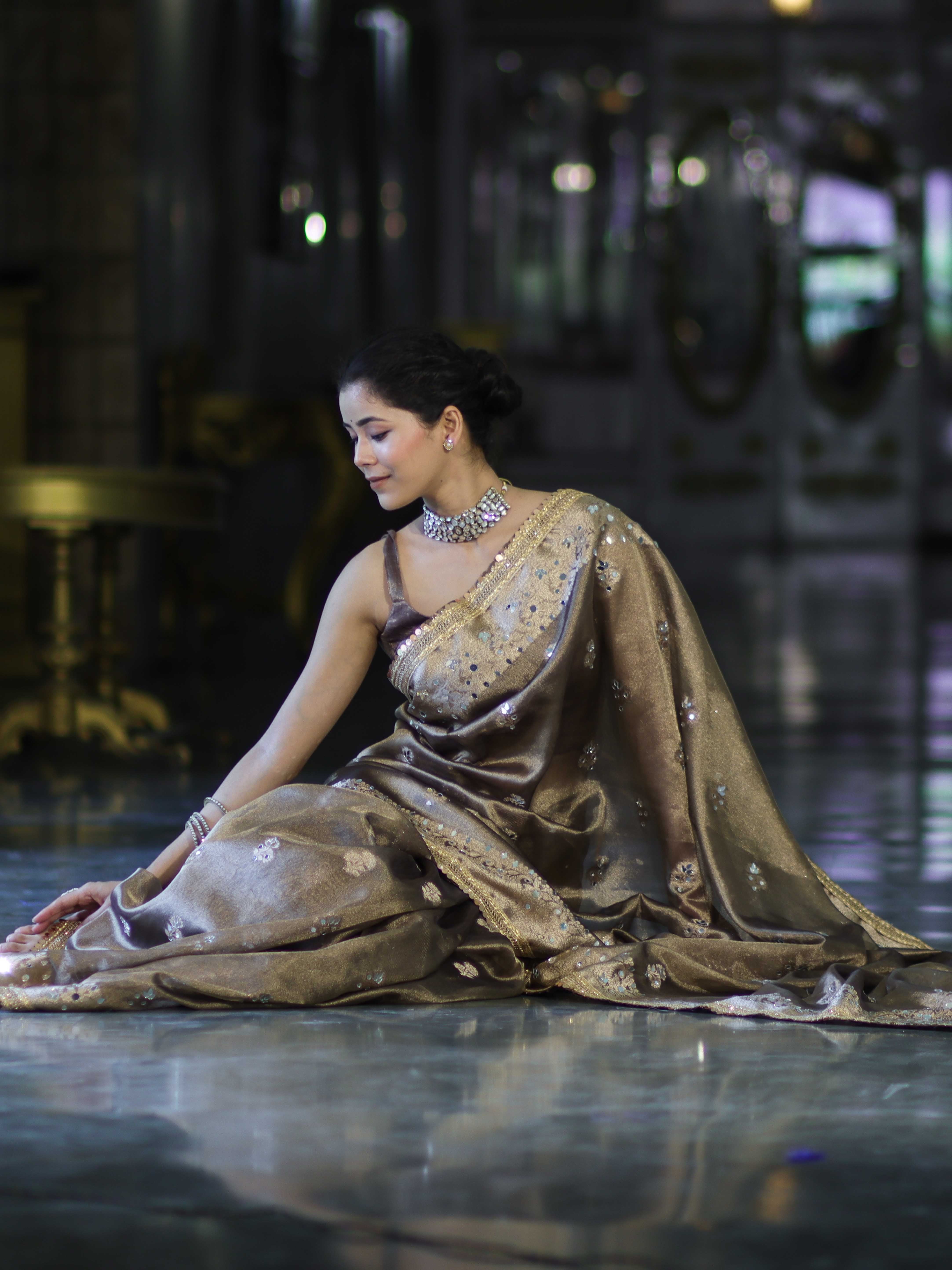 Banarasee Handwoven Tissue Zari Woven Mirror Work Saree-Earthy Brown