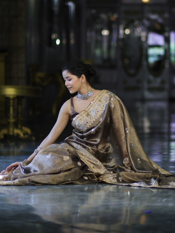 Banarasee Handwoven Tissue Zari Woven Mirror Work Saree-Earthy Brown