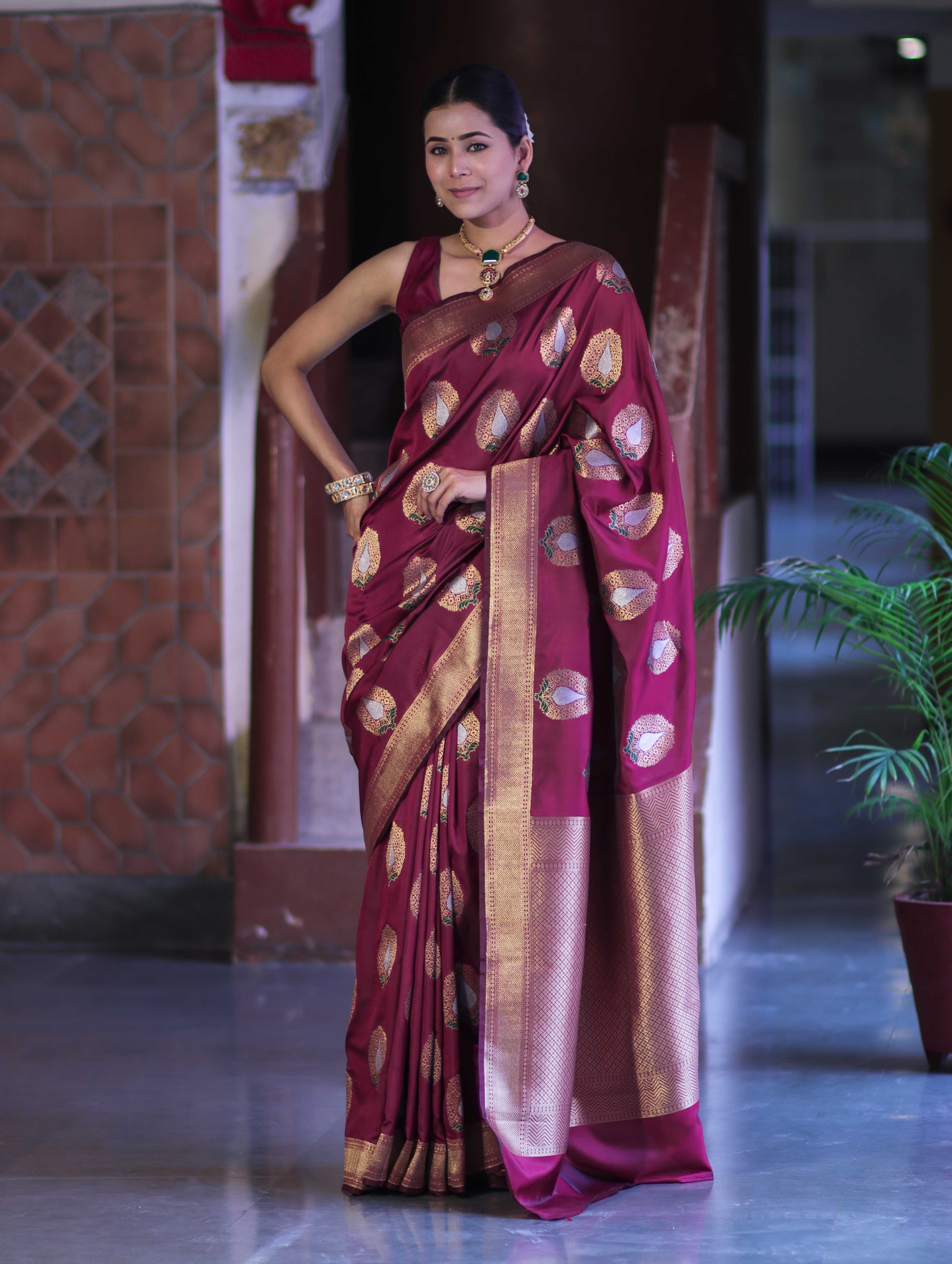 Banarasee Handloom Semi Katan Saree With Zari Buta Work & Border-Burgundy