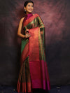 Banarasee Handwoven Broad Border Zari Jaal Design Tissue Saree-Green & Pink