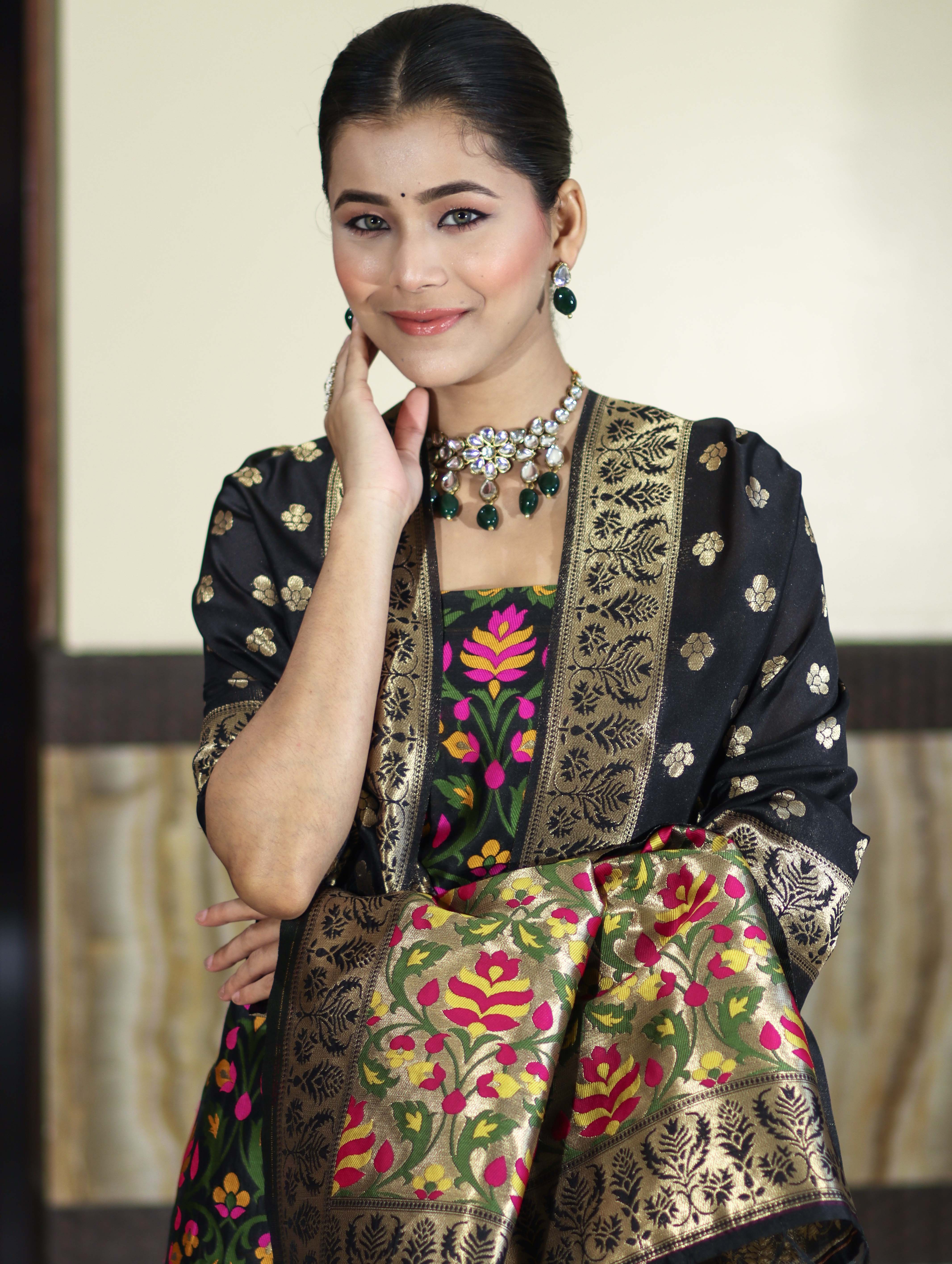 Banarasee Semi-Silk Zari & Resham Work Salwar Kameez Fabric With Dupatta Set-Black