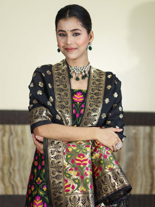 Banarasee Semi-Silk Zari & Resham Work Salwar Kameez Fabric With Dupatta Set-Black