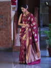 Banarasee Handloom Semi Katan Saree With Zari Buta Work & Border-Burgundy
