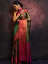 Banarasee Handwoven Broad Border Zari Jaal Design Tissue Saree-Green & Pink