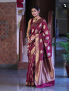 Banarasee Handloom Semi Katan Saree With Zari Buta Work & Border-Burgundy