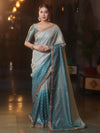 Banarasee Handwoven Tissue Dual Color Saree With Zari Buta & Lace-Dusty Blue
