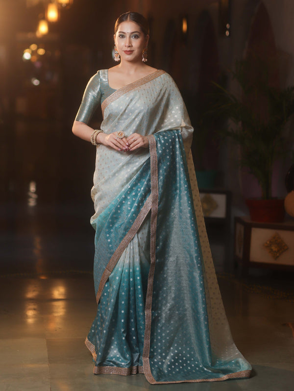 Banarasee Handwoven Tissue Dual Color Saree With Zari Buta & Lace-Dusty Blue