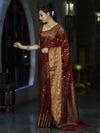 Banarasee Handloom Semi Silk Saree With Antique Zari Buti Design & Broad Border-Burgundy
