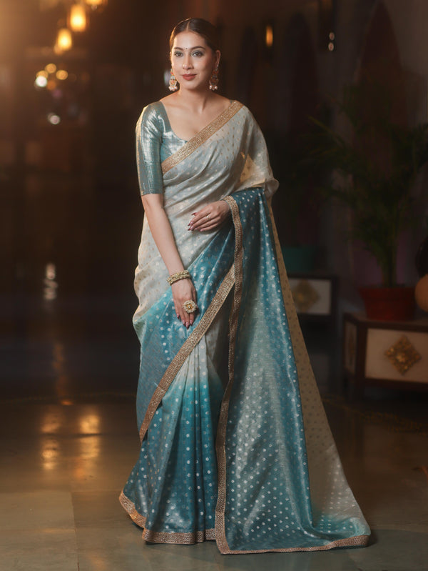 Banarasee Handwoven Tissue Dual Color Saree With Zari Buta & Lace-Dusty Blue