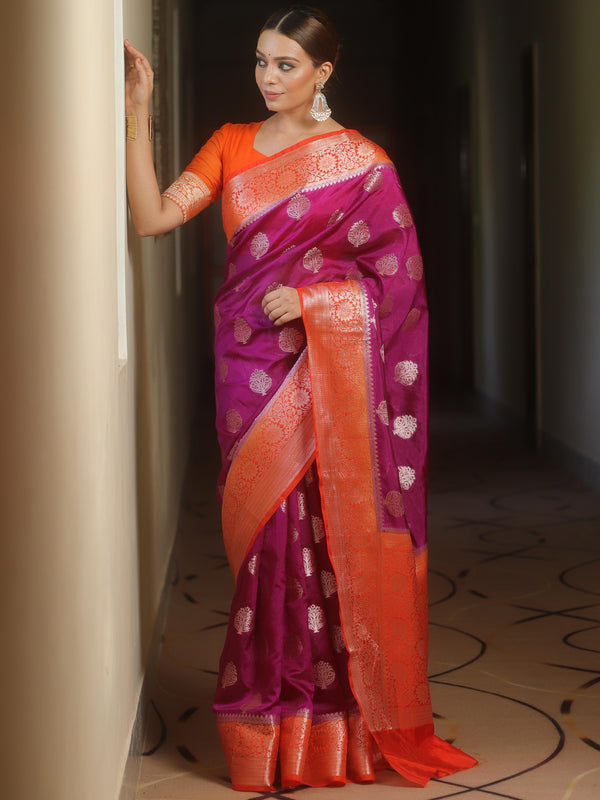 Banarasee Handloom Semi-Dupion Saree With Contrast Border & Gold Zari-Magenta & Orange