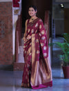 Banarasee Handloom Semi Katan Saree With Zari Buta Work & Border-Burgundy