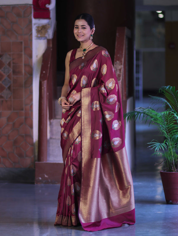 Banarasee Handloom Semi Katan Saree With Zari Buta Work & Border-Burgundy