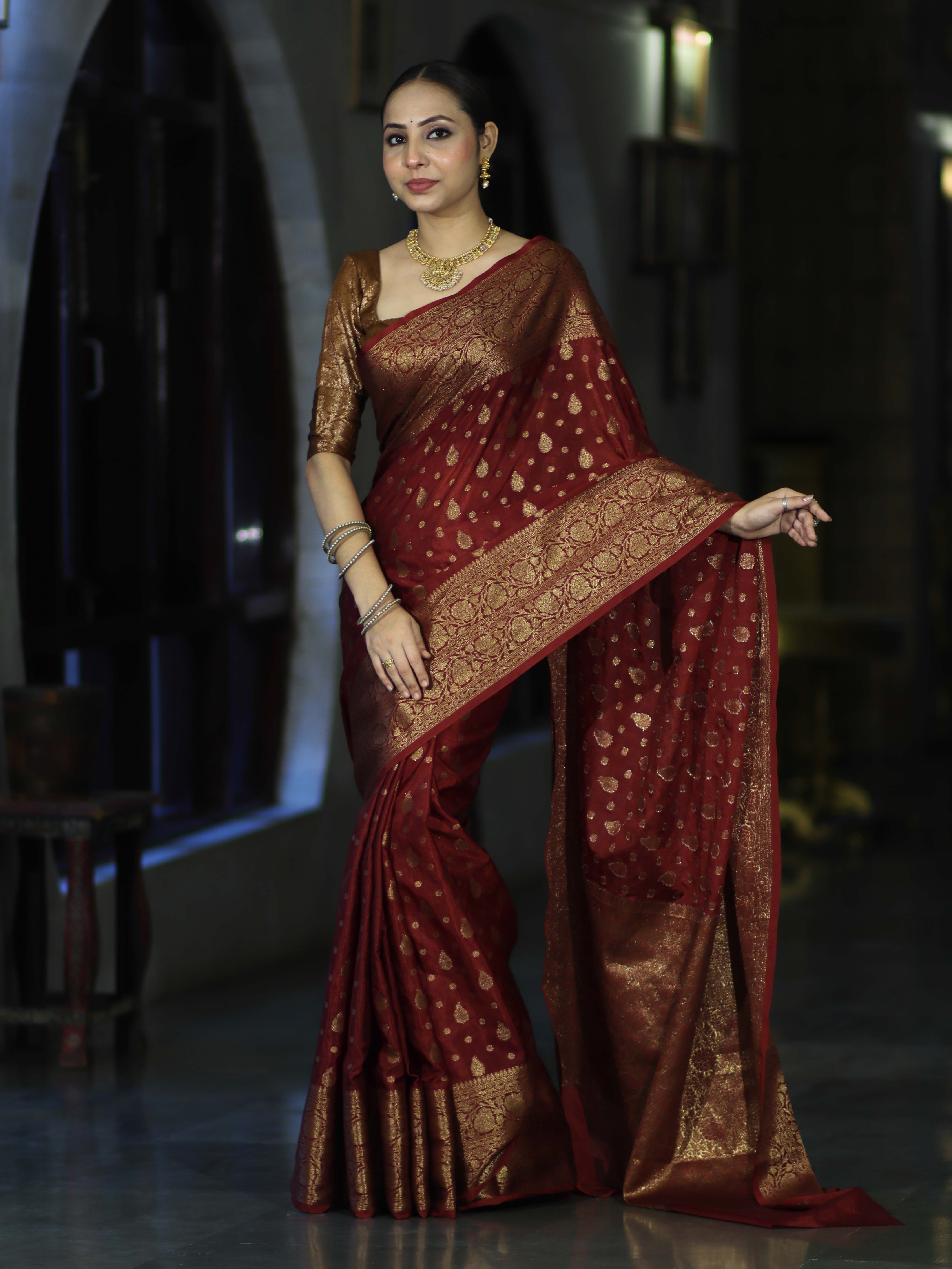 Banarasee Handloom Semi Silk Saree With Antique Zari Buti Design & Broad Border-Burgundy