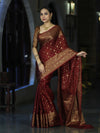 Banarasee Handloom Semi Silk Saree With Antique Zari Buti Design & Broad Border-Burgundy