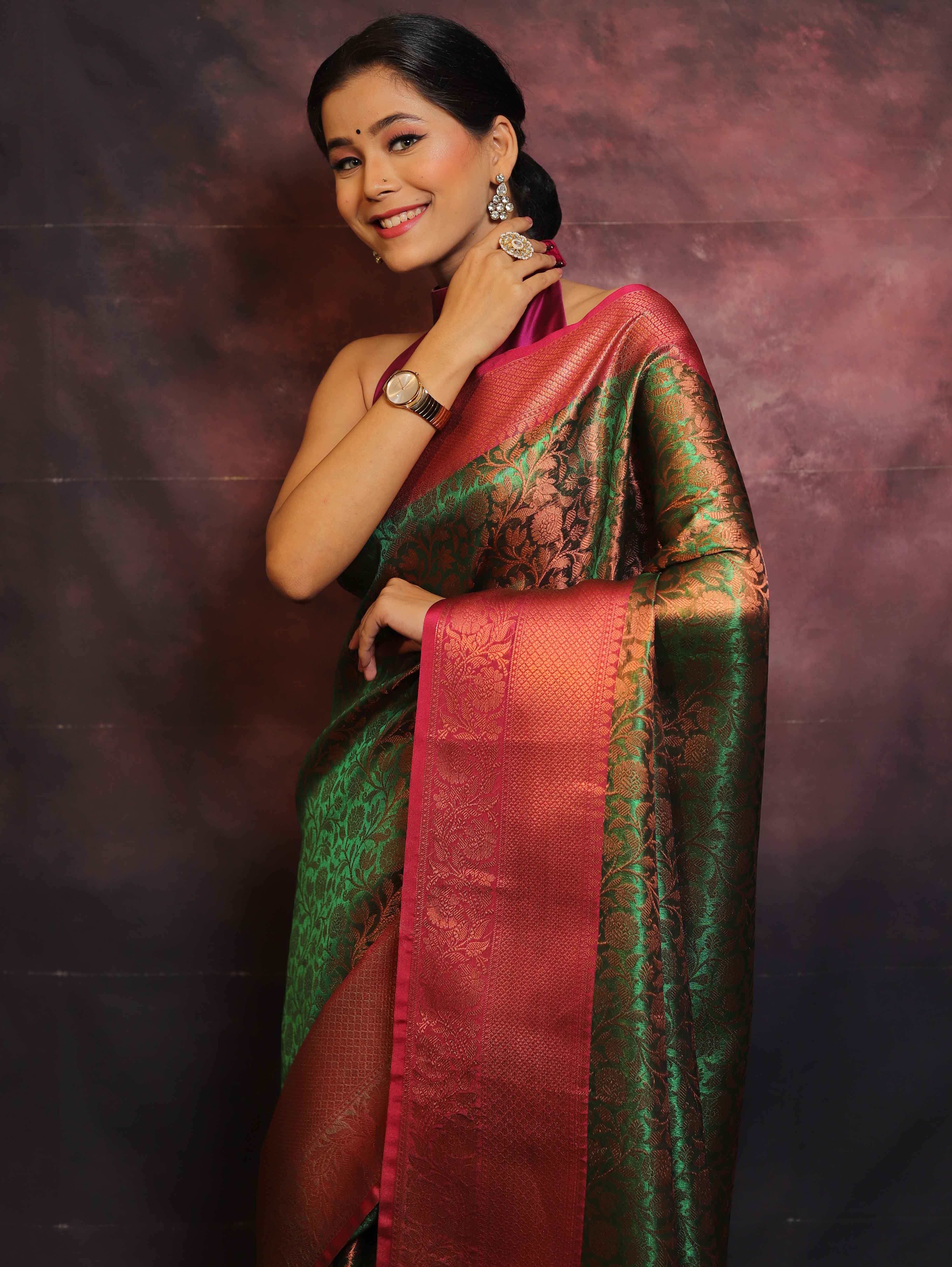 Banarasee Handwoven Broad Border Zari Jaal Design Tissue Saree-Green & Pink