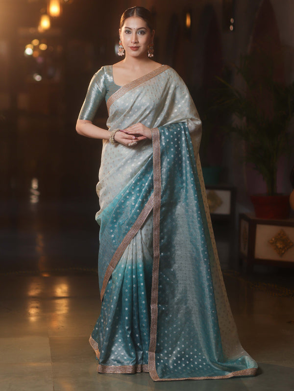 Banarasee Handwoven Tissue Dual Color Saree With Zari Buta & Lace-Dusty Blue