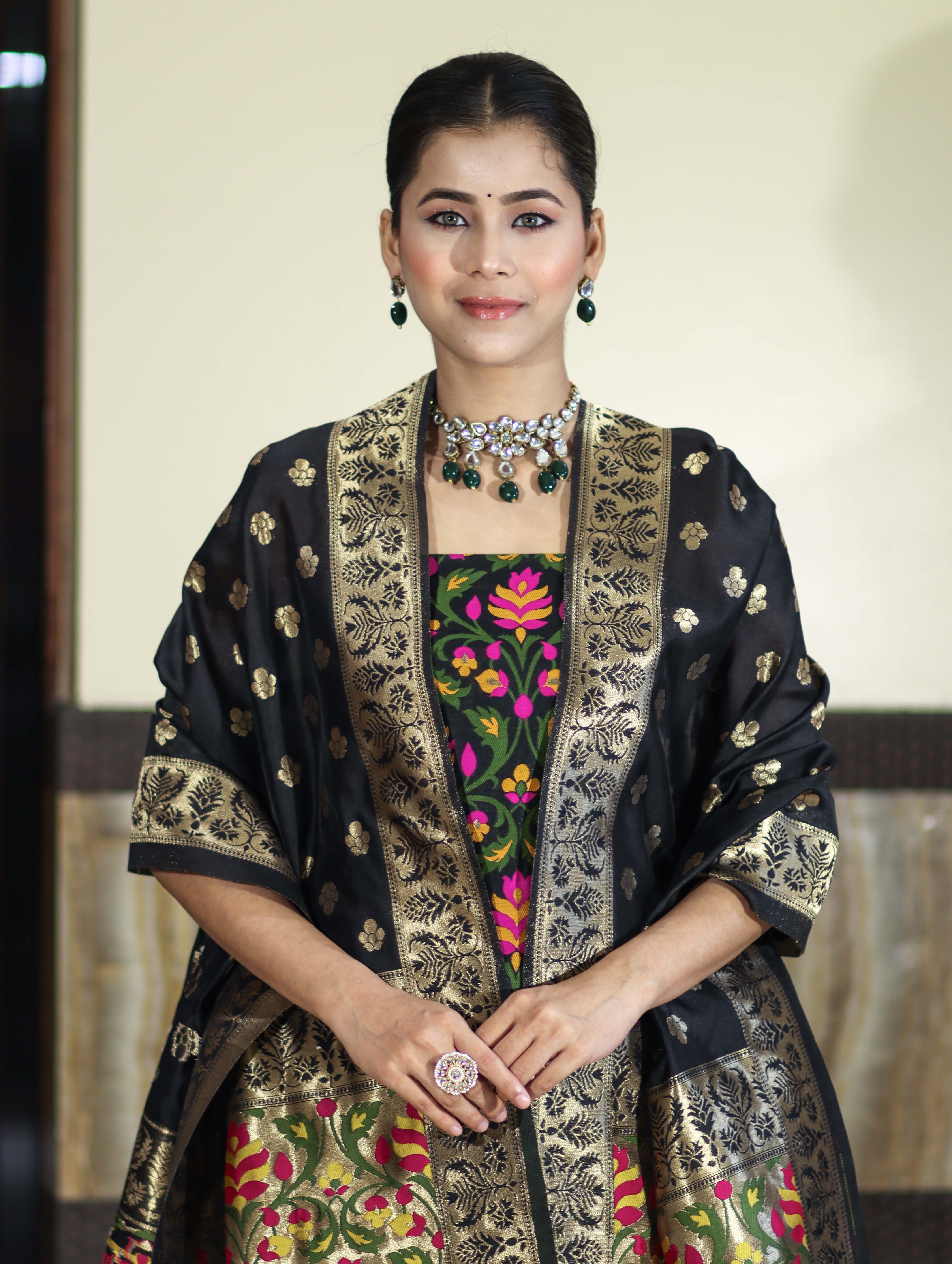 Banarasee Semi-Silk Zari & Resham Work Salwar Kameez Fabric With Dupatta Set-Black