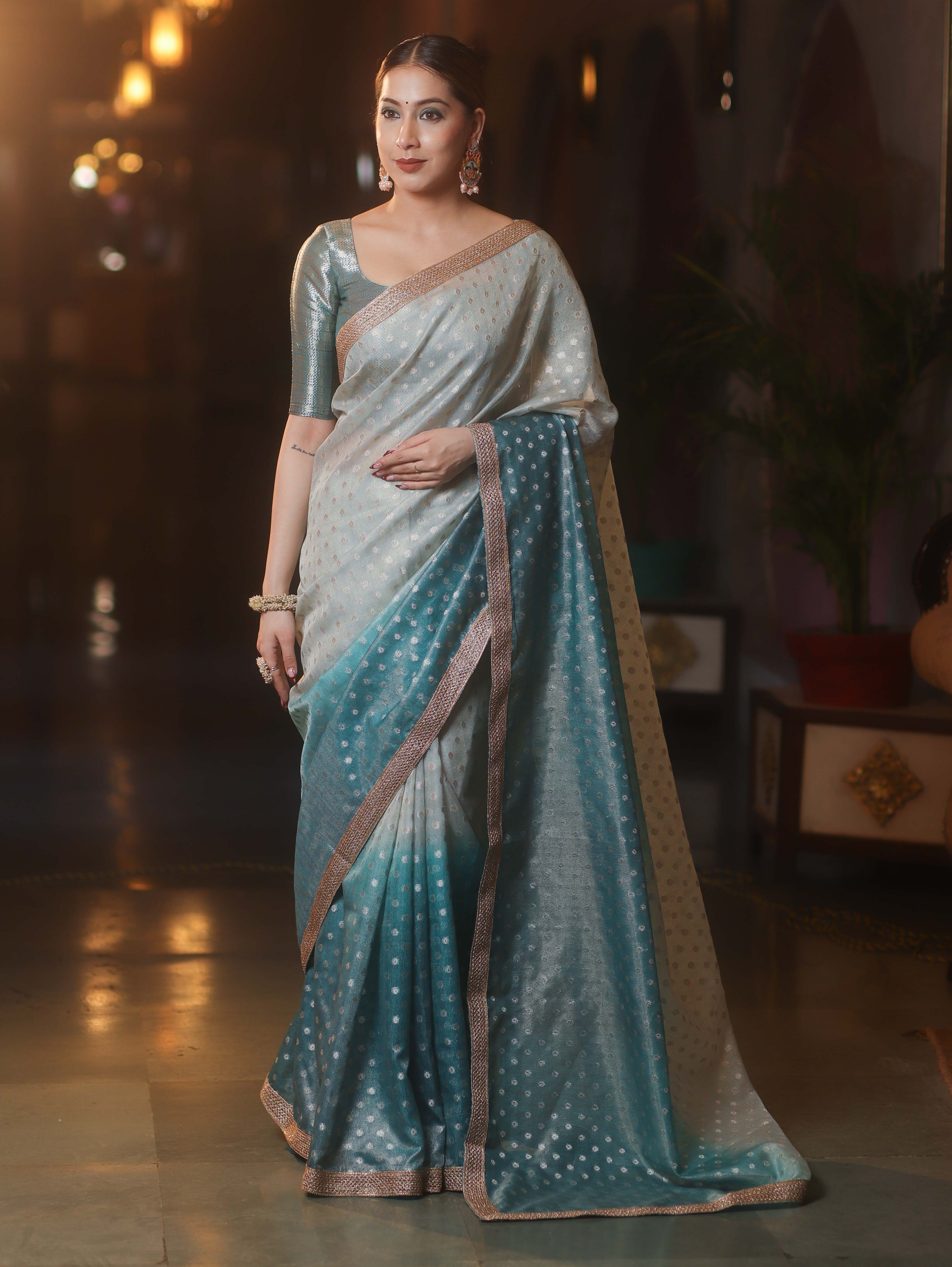 Banarasee Handwoven Tissue Dual Color Saree With Zari Buta & Lace-Dusty Blue