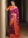 Banarasee Handloom Semi-Dupion Saree With Contrast Border & Gold Zari-Magenta & Orange