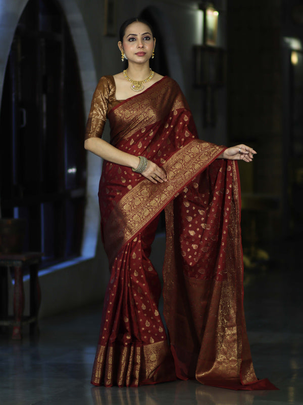 Banarasee Handloom Semi Silk Saree With Antique Zari Buti Design & Broad Border-Burgundy
