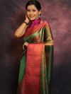 Banarasee Handwoven Broad Border Zari Jaal Design Tissue Saree-Green & Pink