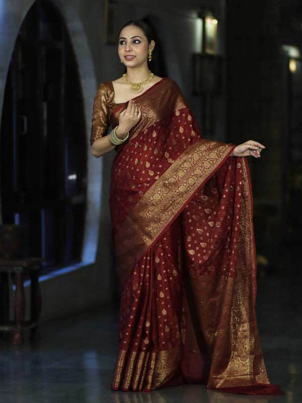Banarasee Handloom Semi Silk Saree With Antique Zari Buti Design & Broad Border-Burgundy