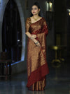 Banarasee Handloom Semi Silk Saree With Antique Zari Buti Design & Broad Border-Burgundy
