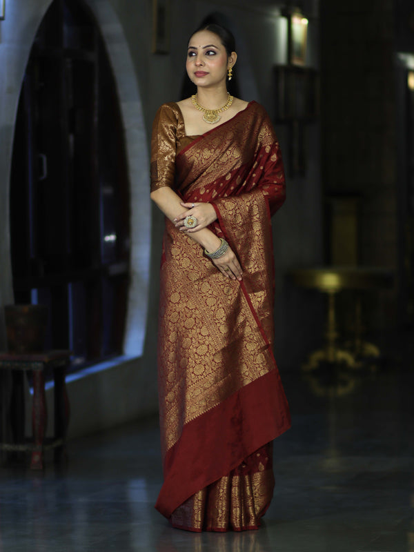 Banarasee Handloom Semi Silk Saree With Antique Zari Buti Design & Broad Border-Burgundy