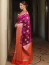 Banarasee Handloom Semi-Dupion Saree With Contrast Border & Gold Zari-Magenta & Orange