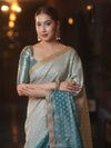 Banarasee Handwoven Tissue Dual Color Saree With Zari Buta & Lace-Dusty Blue