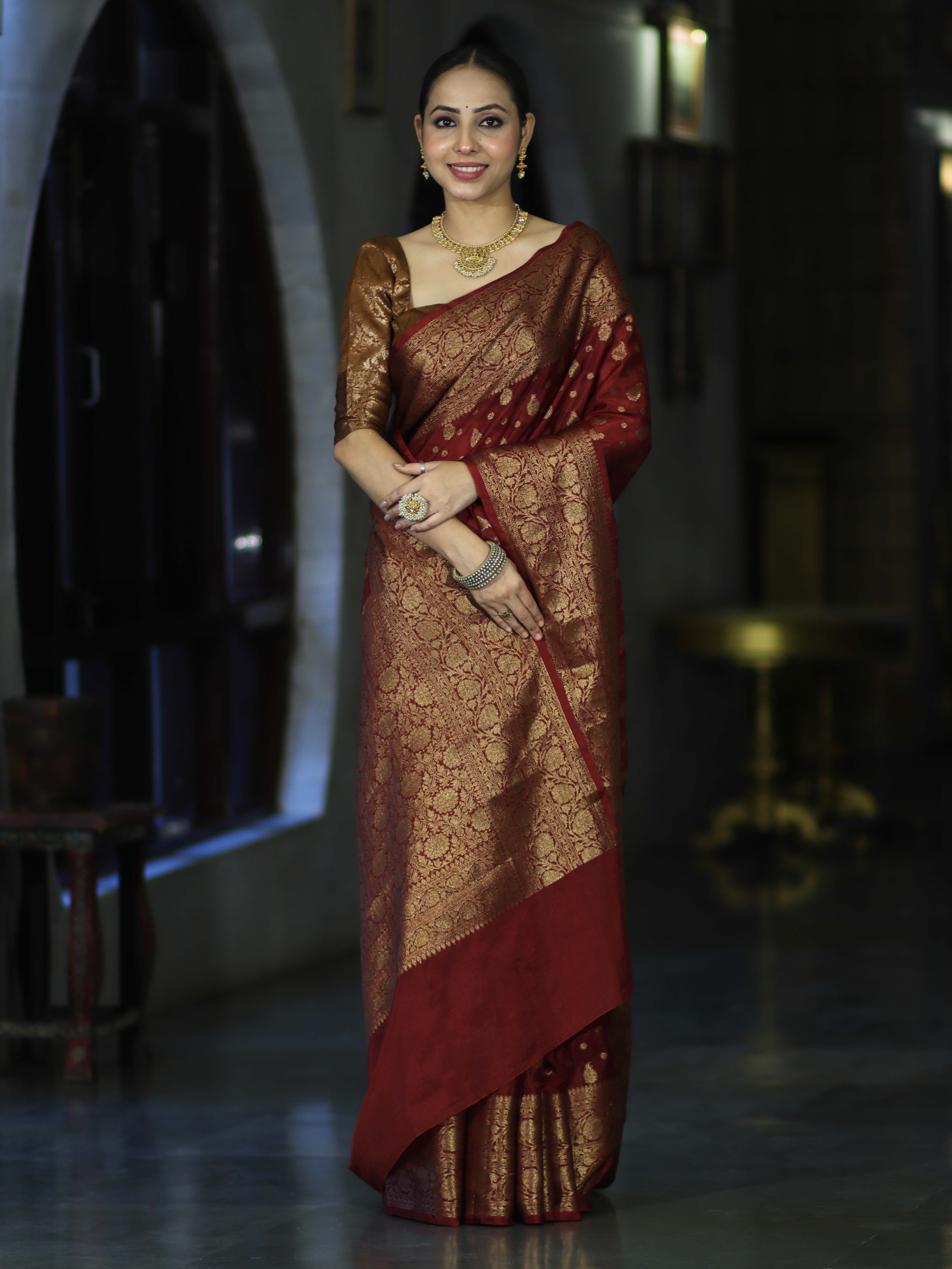 Banarasee Handloom Semi Silk Saree With Antique Zari Buti Design & Broad Border-Burgundy