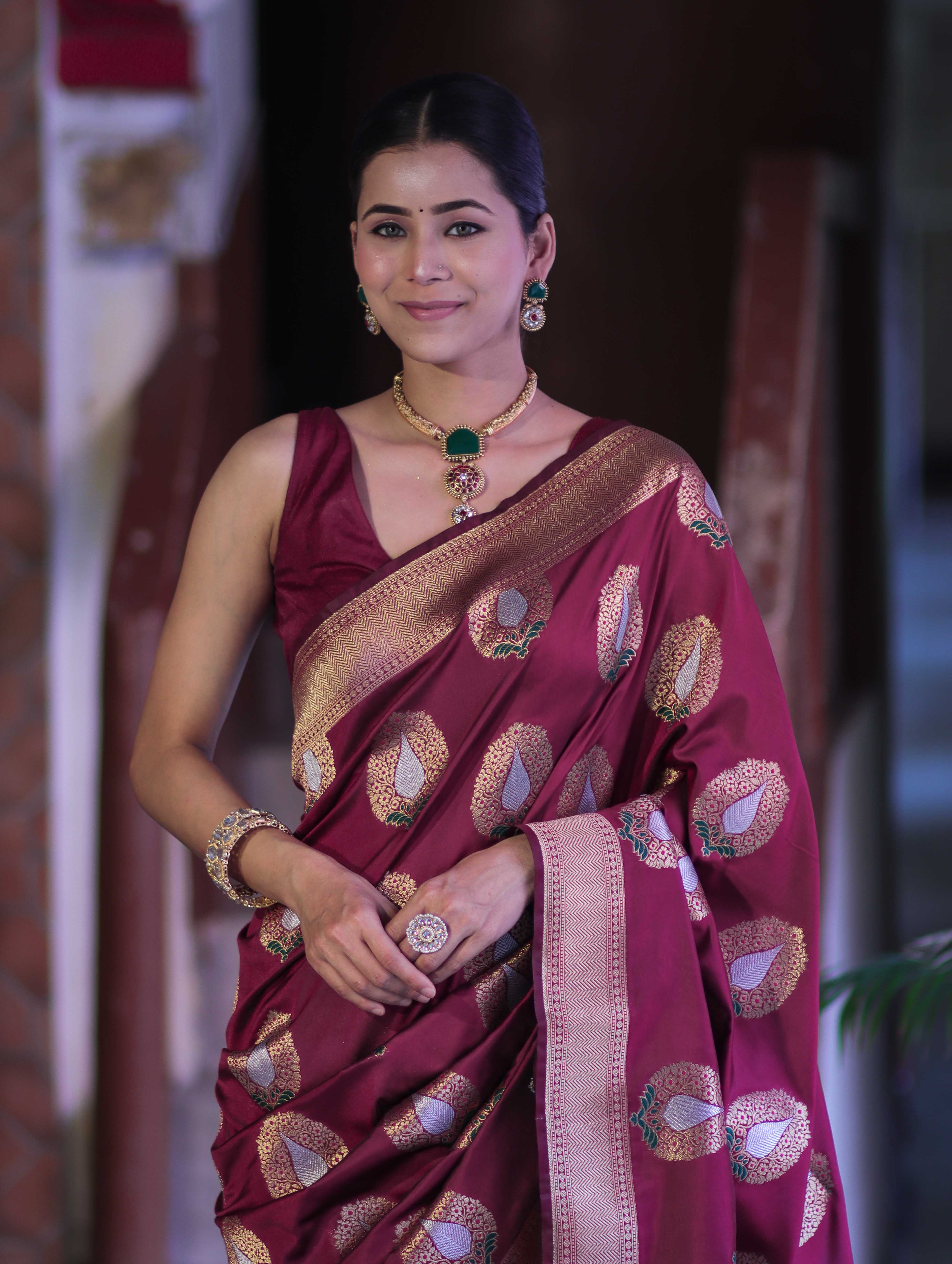 Banarasee Handloom Semi Katan Saree With Zari Buta Work & Border-Burgundy