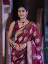 Banarasee Handloom Semi Katan Saree With Zari Buta Work & Border-Burgundy