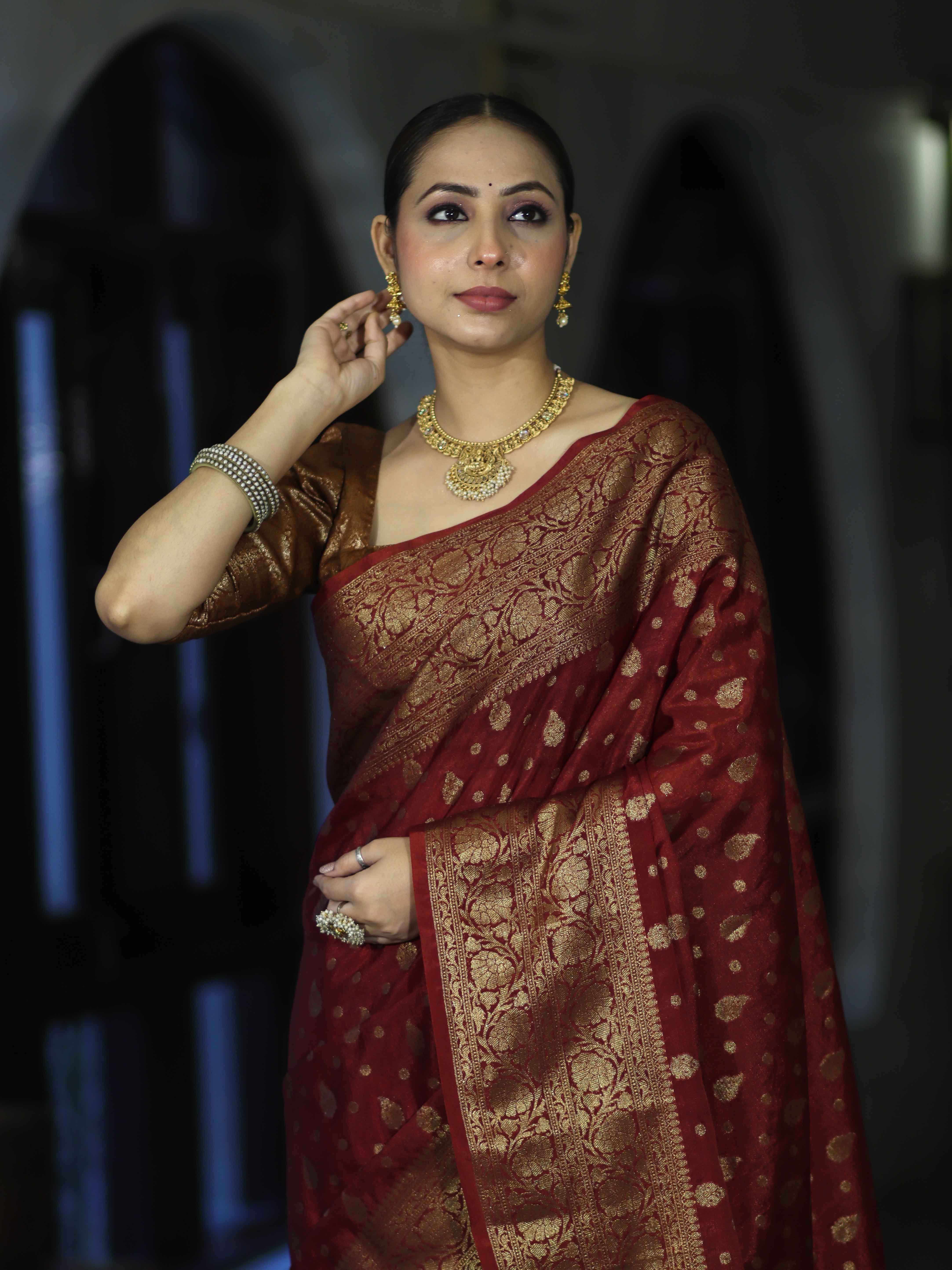 Banarasee Handloom Semi Silk Saree With Antique Zari Buti Design & Broad Border-Burgundy