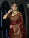 Banarasee Handloom Semi Silk Saree With Antique Zari Buti Design & Broad Border-Burgundy