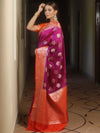 Banarasee Handloom Semi-Dupion Saree With Contrast Border & Gold Zari-Magenta & Orange