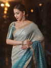 Banarasee Handwoven Tissue Dual Color Saree With Zari Buta & Lace-Dusty Blue