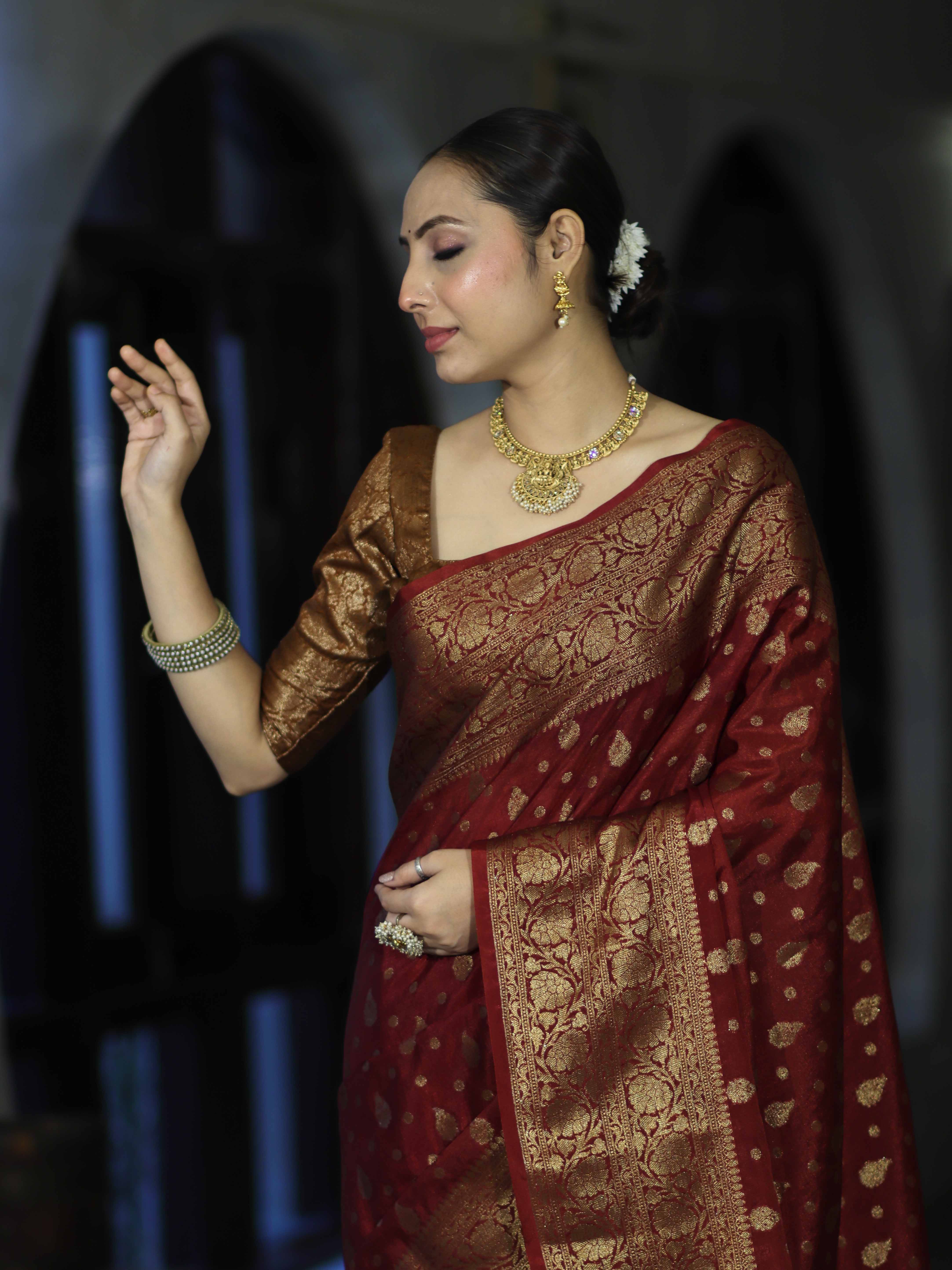 Banarasee Handloom Semi Silk Saree With Antique Zari Buti Design & Broad Border-Burgundy