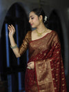 Banarasee Handloom Semi Silk Saree With Antique Zari Buti Design & Broad Border-Burgundy