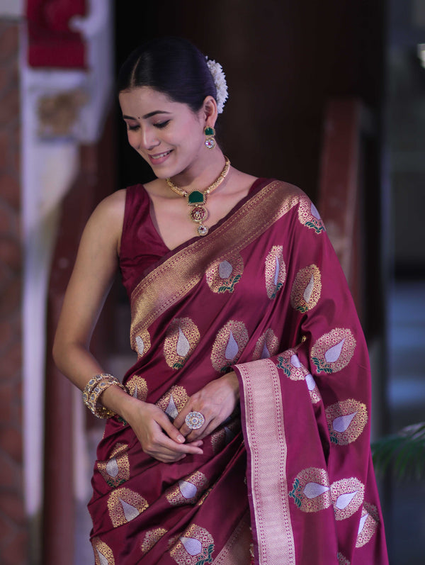 Banarasee Handloom Semi Katan Saree With Zari Buta Work & Border-Burgundy