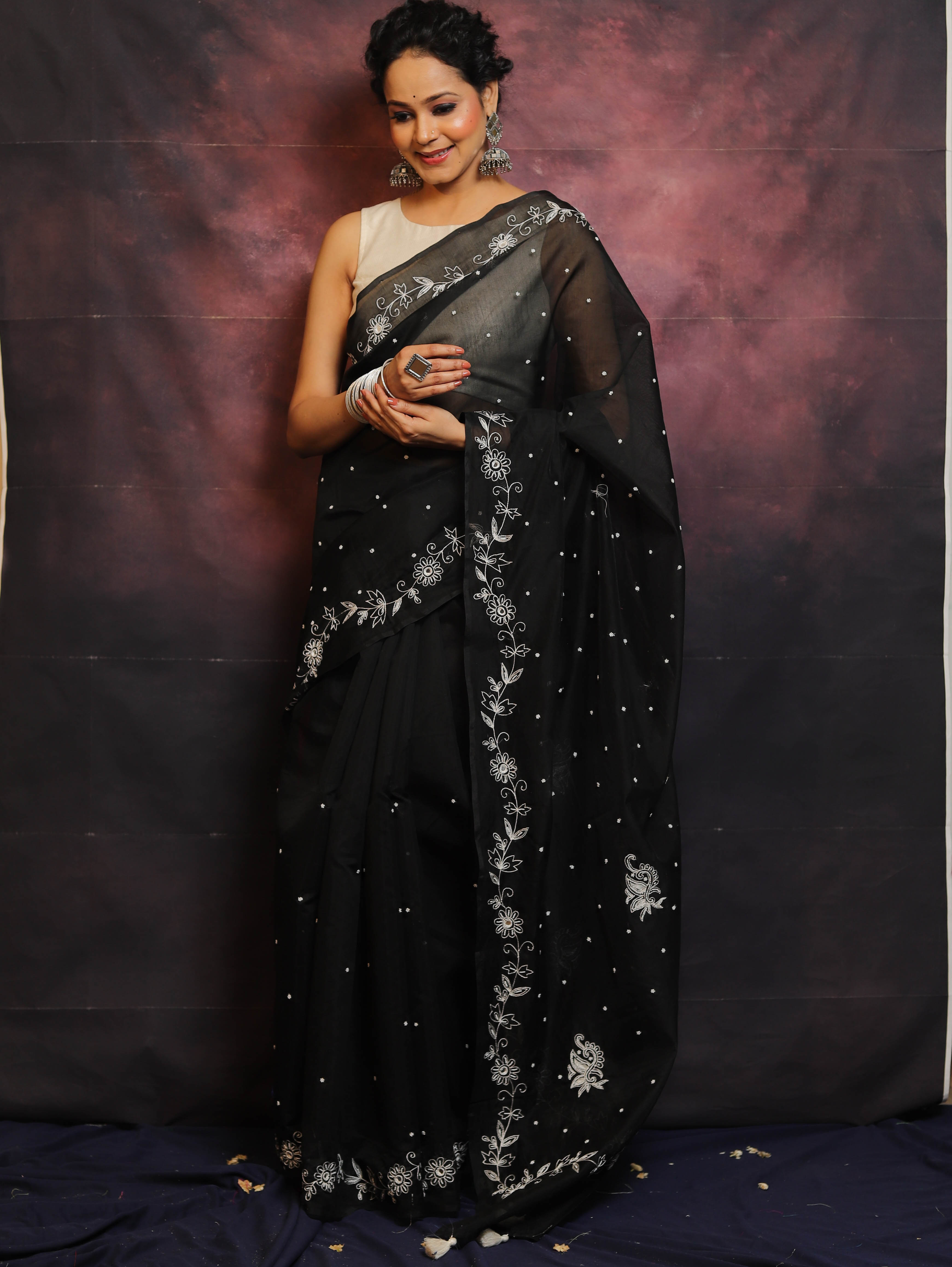 Banarasee Chanderi Cotton Hand-Embroidered Saree-Black