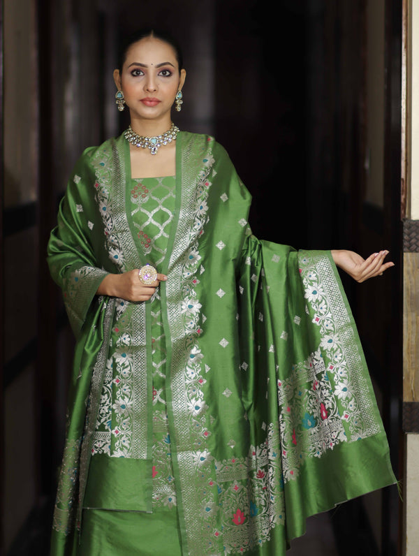 Banarasee Semi-Silk Silver Zari Work Salwar Kameez Fabric With Dupatta Set-Leaf Green