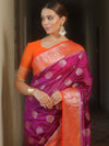 Banarasee Handloom Semi-Dupion Saree With Contrast Border & Gold Zari-Magenta & Orange